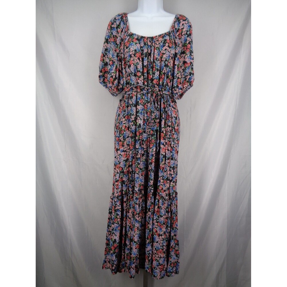 Karen Kane Floral Midi Dress Size Small Puff Sleeve Tie Waist